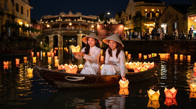 Two vietnamese women releasing floating lanterns on a river in hoi an at night