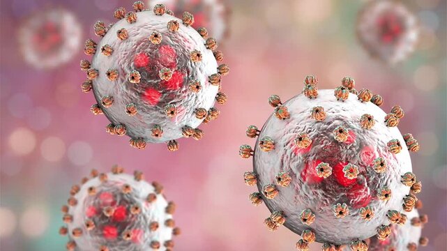 Lassa virus particles, 3D animation illustrating a viral haemorrhagic fever pathogen causing severe systemic illness and outbreaks in West Africa, transmitted via rodent reservoirs.