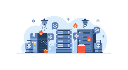 Obraz premium Data Center Server Rack Overheating and Cooling System Concept Vector Illustration