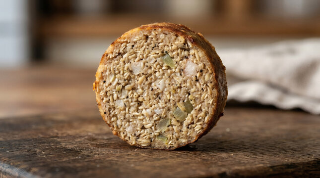 Traditional Scottish White Pudding Slice with Oatmeal Texture Studio Macro