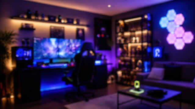 Blurred gaming room setup with RGB neon lights pc desk chair collectibles cozy home office interior gaming station background