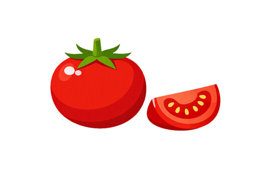 Fresh red tomato with a green stem and a slice isolated on white background, vector illustration.
