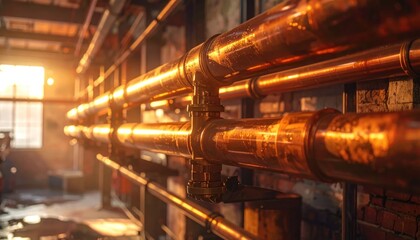 Fototapeta premium Industrial Copper Pipes - A Glimpse into the Heart of Infrastructure.
