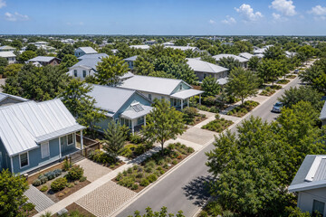 Fototapeta premium Climate resilient neighborhood featuring cool roofs and abundant green landscaping for sustainable urban development