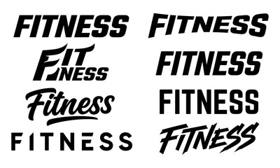 Fototapeta premium Set of various fitness typography logos, bold athletic lettering styles for gym, sport, and health branding