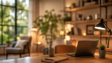 Fototapeta premium Home office workspace cozy blurred interior laptop desk lamp bookshelf warm light plant apartment room professional remote work setting