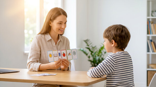 Woman teaching young boy with flashcards at wooden table. Education, learning, classroom, child development, homeschooling.