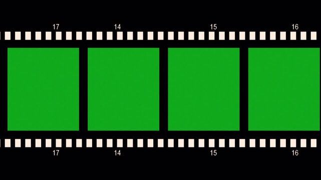 Green Screen Film Strip Animation Element, Chroma Key Movie Film Frame on Green Background, Cinematic Film Strip Frame with Green Screen, Green Screen Film Strip Frame with Transparent Chroma Key Back