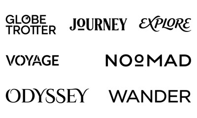 Obraz premium Set of travel related typography logos, including globe trotter, journey, explore, voyage, noomad, odyssey, and wander