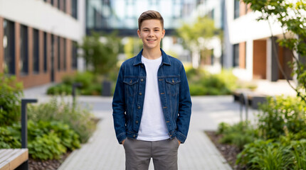 Fototapeta premium Teenage boy smiling at camera in denim jacket outdoors. Education, youth, school, campus, student life.