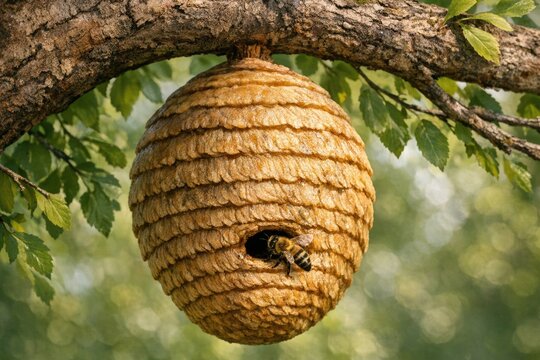 A natural bee hive suspended from a tree branch, ideal for use in environmental or nature-related contexts