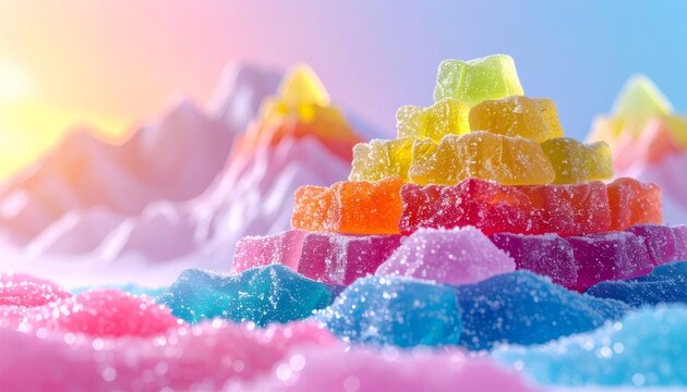 Sweet gummy candy mountain in a colorful sugar landscape