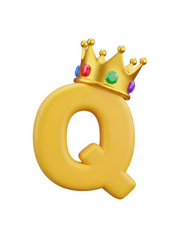 3D letter Q with a golden crown. Alphabet character with royal jewelry design.
