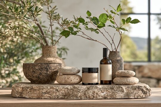 Natural beauty and wellness products organic skincare with plant extracts and spa stones on a rustic stone display