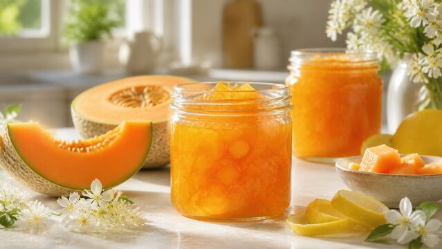 Homemade cantaloupe jam in glass jars and fresh fruit displayed on a bright kitchen counter. This vibrant, natural preserve promotes healthy eating and wholesome, sweet food preparation.