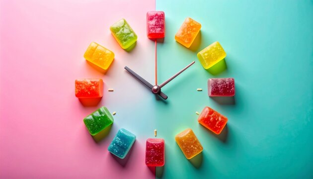 Colorful gummy candies forming a sweet clock time