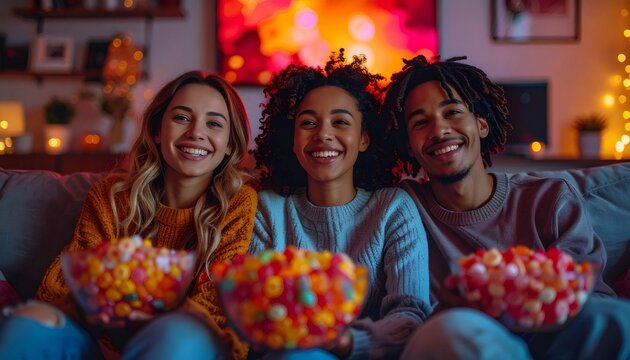 Happy friends enjoying movie night with candy at home