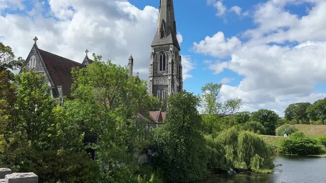 Saint Alban's Church and citadel Kastellet with water, Copenhagen, Denmark