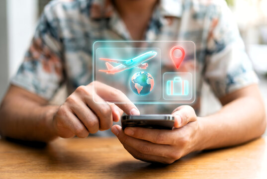 Man using smartphone with holographic travel icons for flight booking and trip planning.