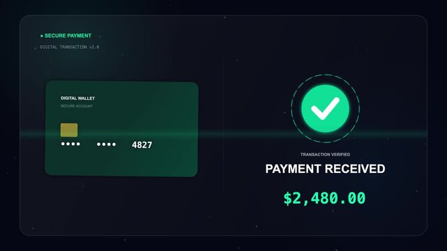 Digital wallet secure payment interface, green credit card transaction confirmation, fintech payment received screen