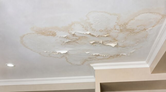 White Interior Ceiling With Large Brown Water Stain And Peeling Paint, Showing Signs Of Serious Roof Leakage