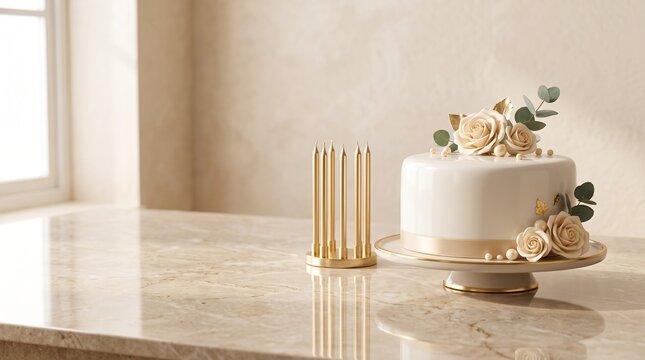 Elegant cake with golden accents and floral details on a marble surface