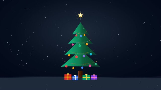 Vector Christmas tree animation with colorful hanging baubles shiny star topper blinking garland lights presents and falling snow seamless loop