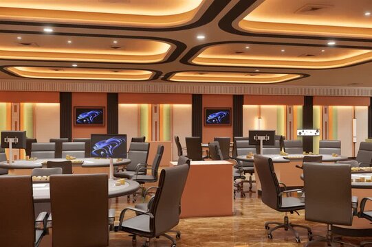 3d render animation interior design casino and playing card room retro design 