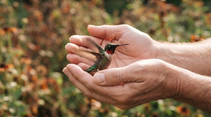Naklejka premium A gentle moment of connection a hummingbird delicately rests in the cupped hands of a person