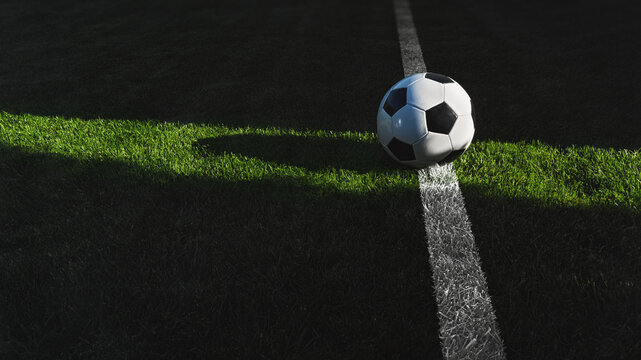  ball on the green field in soccer stadium. ready for game in the midfield - big panorama banner.