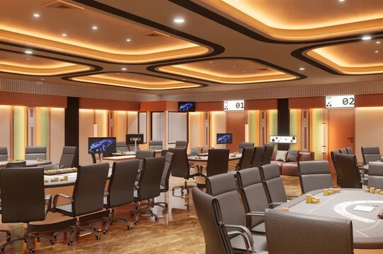 3d render animation interior design casino and playing card room retro design 