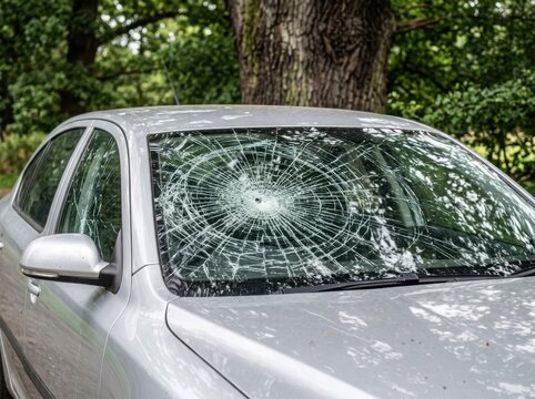 Damaged silver car with shattered windshield on side of road , Dangerous crash accident, Distracted driving, Emergency response, Highway collision