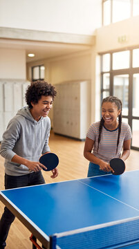 Teenage friends playing table tennis in school hallway. Sports, recreation, youth activity, education.