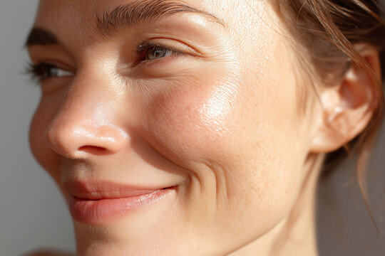 Glowing hydrated cheek skin ultra close up with soft natural shine smiling face showing healthy texture and light reflection conveying gentle warmth and confidence