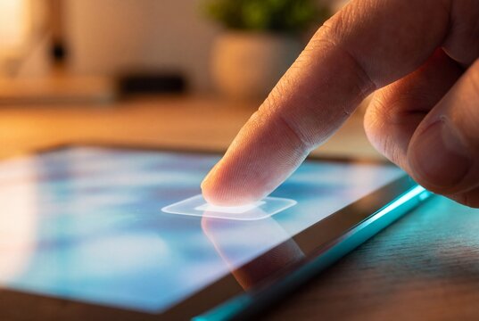 Macro Close-Up of Finger Pressing Glowing Glass Interface
