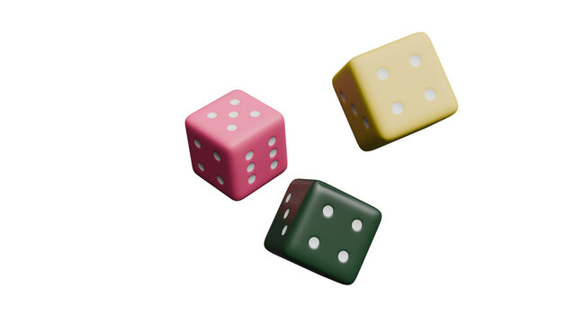 Colorful dice in different shapes and sizes rolling against a black background.