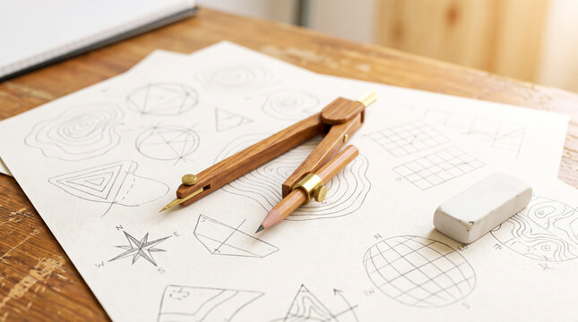 Wooden drafting compass and pencil on topographic map sketches. Architecture, design, education, engineering.