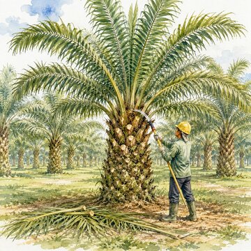 Oil Palm Pruning in Plantation Watercolor Illustration
