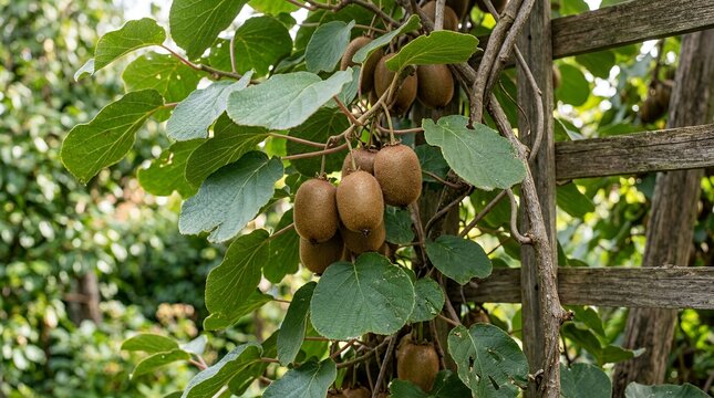 Fresh kiwi fruits growing on vine in orchard.