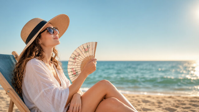 Beautiful young woman relaxing in deck chair on sunny beach cooling herself with hand fan and copy space