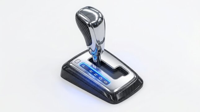 Automotive - Modern car gear shift lever with carbon fiber finish on white background
