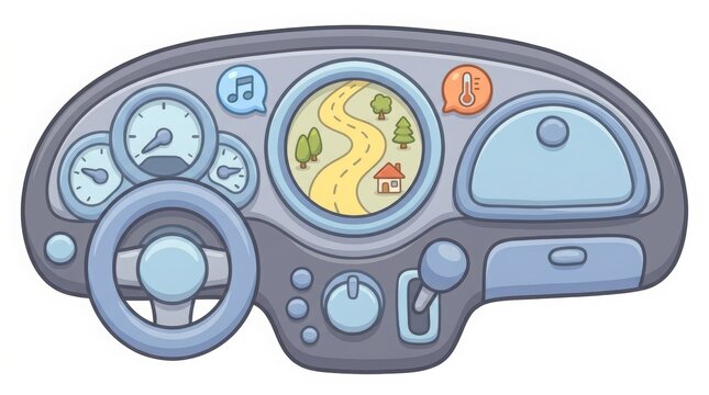 Illustration - Cartoon car dashboard with steering wheel and map screen