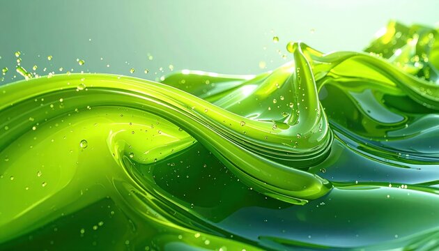 Dynamic green glossy liquid wave with splashing droplets