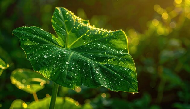 Large green leaf with water droplets in golden morning light