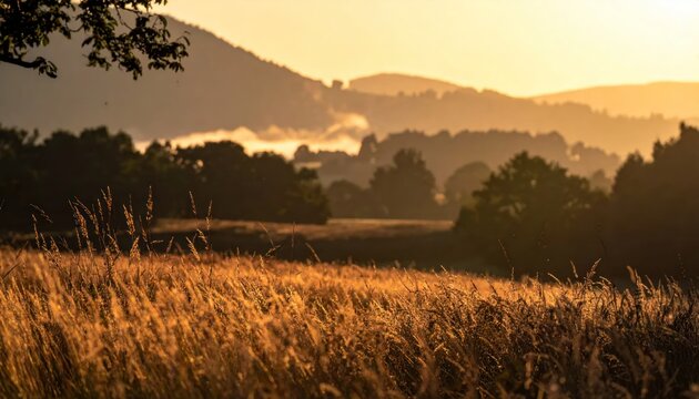 Golden grassy field in rural landscape at sunset