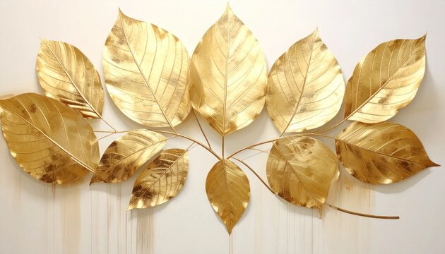 Gold metallic leaf branch wall art on white background