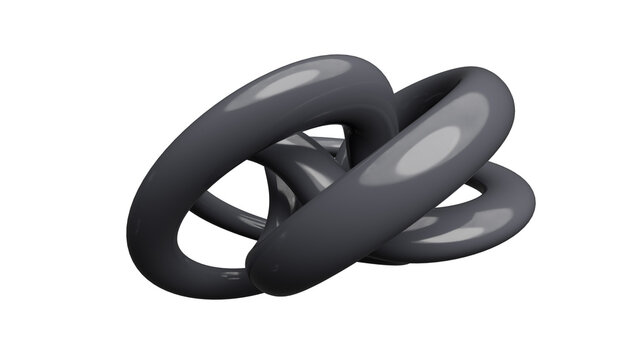 A set of interlocking glossy black rings creating an abstract shape against a dark background.