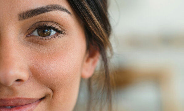 Extreme close-up portrait of a woman's eye and smile with clear skin texture.