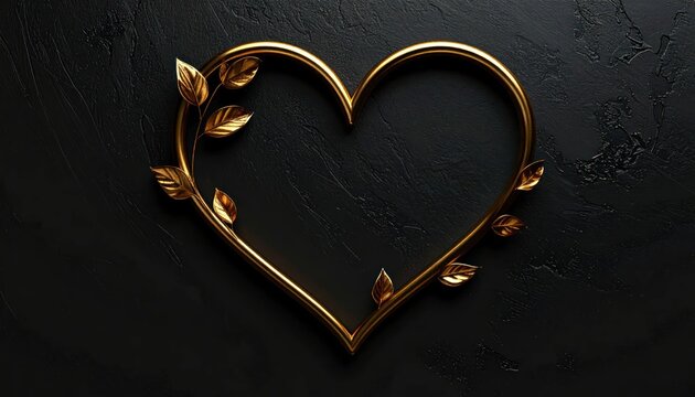 Golden heart frame with leaves on black textured background