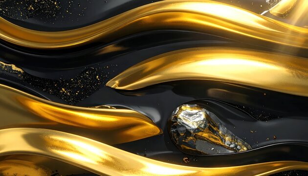 Luxurious abstract gold waves on glossy black background